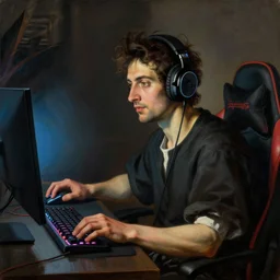 Caravaggio painting. Portrait of a handsome streamer wearing gaming headset playing PC games on his computer with RGB mouse and keyboard with gamer lights in his streamer room