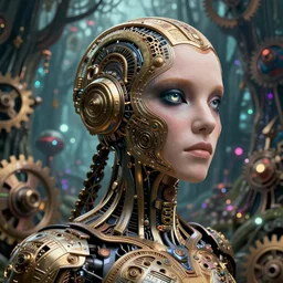35mm portrait of complex, sophisticated and intricate 7 of 9 borg with eye implant, on the background of a weird magical mechanical forest. Round gears visible inside her hear. Very detailed 8k. Fantasy cyberpunk horror. Sharp. Cinematic post-processing