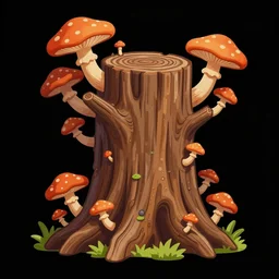 a gnarled ancient wooden tree stump with mushrooms growing out of it, organic, highly detailed, vector art, concept art, individual sprite from a gorgeous indie platform game, on a flat color black background