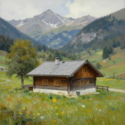quiet cottage in an alpine valley, painting by mark keathley