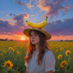 girl with a hat with a banana on it, surreal photography, flower field, sunset dramatic light, impressionist painting, colorful clouds, blue sky, digital painting, artstation, simon stalenhag