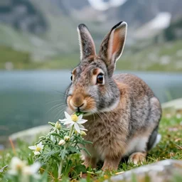 a rabbit eating edelweiss on a mountain lake, close - up shot