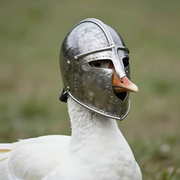goose wearing a crusades era helmet