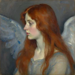 expressive medium shot profile view portrait of an angelic young woman with long redhead hair, brown and blue palette, oil painting, muted colors, artwork by lucian freud, arnold bocklin