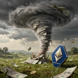 A tornado made of cash and Ethereum, landscape art, concept art, intense