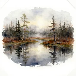 watercolor painting of scandinavian bog, reflective, fog, ambient lighting, art by anders zorn, wonderful masterpiece by greg rutkowski, cinematic light, american romanticism by greg manchess, creation by tyler edlin, mockup watercolor sketch with bold brushstrokes, smudged and smeared paint, white border edge, white paper corners