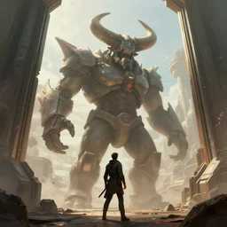 horned giant next to open portal to. grand. sci - fi scene by pedro correa and william gibson r / characterart