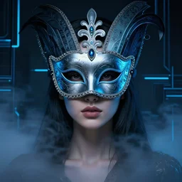 centered portrait of a beautiful woman wearing a venetian mask, intricate concept art, ethereal, highly detailed, artstation, smooth, sharp focus, mist, dramatic lighting, darksynth, illuminated blue neon lines, outrun, vaporware, 8 k, by ruan jia and ilya kuvshinov and liam wong and alphonse mucha