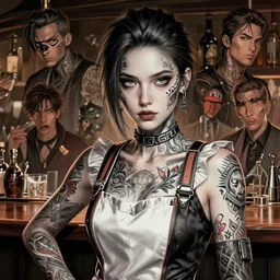 character concept art of a cyberpunk tattooed barmaid | | distinct - fine, key visual, realistic shaded perfect face, fine details by stanley artgerm lau, wlop, rossdraws, james jean, andrei riabovitchev, marc simonetti, sakimichan, and jakub rebelka, trending on artstation