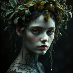 a portrait of beautiful girl by irakli nadar and stefan gesell with intricate detailed, moss and leaves headdress, melting wax, mycelia, abstract impressionism, ruan jia, dark fantasy, hyper detailed, concept art, by gustav klimt, by sue bryce, dark moody lighting