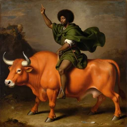 photograph of a black man with afro hair wearing an army green cloak, mounting!! an orange colored detailed anatomically correct bull!!, renaissance style painting