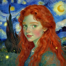 sharp, intricate fine details, breathtaking, digital art portrait of a red haired girl with long hair and green eyes softly smiling in a dreamy, mesmerizing scenery with fireflies, art by vincent van gogh