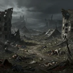 ruined ashen landscape, littered with corpses and fallen buildings, concept art, fantasy art, highly detailed hd, artstation, hd wallpaper