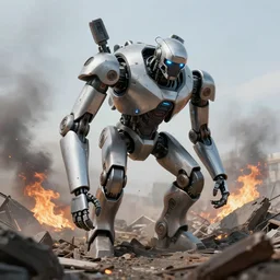 Amazing photorealistic digital concept art of a guardian robot after the apocolypse, it's picking over the rubble, everything is ruined, there's smoke and fire, by James Clyne and Joseph Cross. Cinematic. LED lighting. Wide angle. Clean lines. Balanced composition.