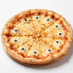 a pizza with smal l eyes on it, photograph, 8 k resolution, food photography, studio lighting