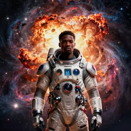 black man in an advanced spacesuit in front of exploding nebulae, digital illustration trending on artstation by artgerm and rutkowski