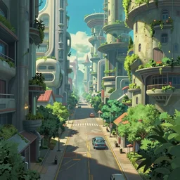 Downtown solarpunk utopia, clean streets, green, optimistic, clean and sharp colors, by studio ghibli and greg rutkowski