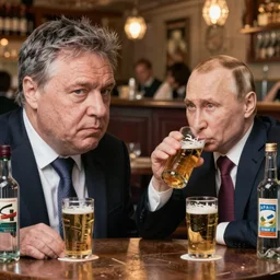 viktor orban with highly detailed face and putin drinking beers and vodka in a pub, by edward hopper
