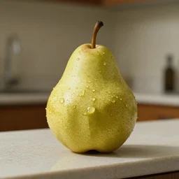 a pear sitting on the counter top that is a symbol of capitalism rotting society from the inside out