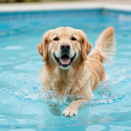 golden retriever, playing in the pool, realistic