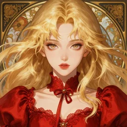 symmetry!!!!!! beautiful anime blonde girl close portrait, wearing an ornate red dress, mole next to lip, ultra detailed, elegant, soft, expressive real eyes, anime, dynamic lighting, digital art, digital painting, artstation, wlop, sharp focus, illustration, art by artgerm and greg rutkowski and alphonse mucha, 8 k