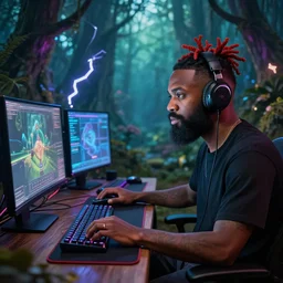 a professional digital art of vinny vinesauce streaming and playing computer games from an enchanted forest, sharp lightning, very detailed, very very very realistic digital art
