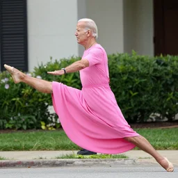 joe biden wearing a long pink dress to his knees doing the splits outside