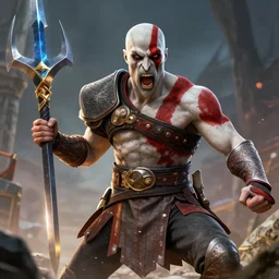 kratos shouting boy while roaring and wielding excalibur