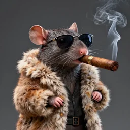 an anthropomorphic rat, octane render, digital art, 3 d, studio lighting, post processing, smoking a big cigar, wearing sunglasses, wearing a fur coat