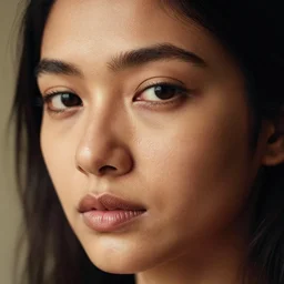 extreme close - up shot, studio photography portrait of a beautiful indian and southeast asian woman, in the style of saul leiter, intricate details, depth of field, warm lighting, 2 4 mm, 8 k