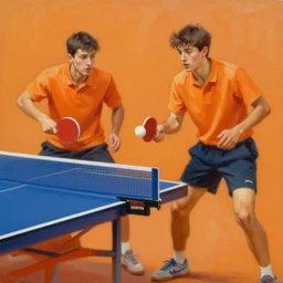 dos muxus xugando al ping pong sobro fondu naranxa, oil painting