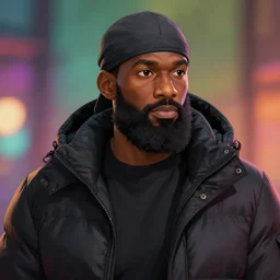 concept art render of a handsome black athlete with a big beard wearing a dark gray durag and a black puffer winter coat, beautiful, fantasy, colorful, cinematic lighting, artstation, trending, highly detailed, focus, smooth, by studio ghibli, rossdraws, hirohiko araki, conrad roset, yoshitaka amano