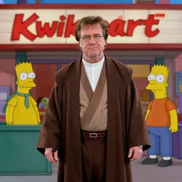 a cinematic photo of george lucas dressed as a jedi on his way to work at the kwik - e - mart from the simpsons, beautiful, breaking bad, canon, elegant, star wars, 4 k,
