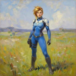 oil painting of tracer overwatch in a field wearing blue uniform, in style of ivan aivazovsky, expressive face, detailed face, detailed eyes, full body, feminine face, tracer overwatch,