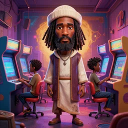 stylish caricature 3 d vfx drew struzan movie poster art of an african jesus surrounded by arcade machines, art style by james jean & hsiao - ron cheng, unreal engine render, digital illustration, sharp, intricate detail, volumetric lighting, ray tracing, soft light, neon, claymation style, ernie barnes style, symmetry, acrylic on canvas, pinterest, artstation,