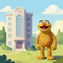 artwork of a building and humanoid in a nice scenery in the style of the muppets,