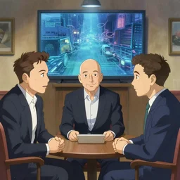 Illustration of the secret meeting between Elon Musk, Jeff Bezos and Mark Zuckenberg to create the great simulation by Makoto Shinkai and James Gilleard