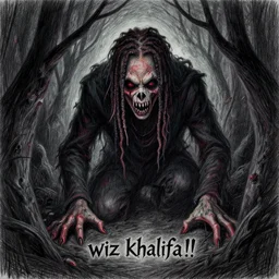 a monster lurks in the shadows, wiz khalifa!!!, colored pencil drawing, surreal, macabre, grotesque, creepypasta, horror, terror, gothic, digital art trending on artstation