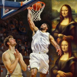 A expressive oil painting of a basket ball player dunking, highly detailed, artstation, sharp focus, illustration, art by artgerm and greg rutkowski and alphonse mucha and leonardo da vinci
