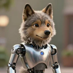 film still from the movie chappie of the robot chappie shiny metal outdoor scene bokeh depth of field furry anthro anthropomorphic stylized wolf dog canine ears head android service droid robot machine fursona