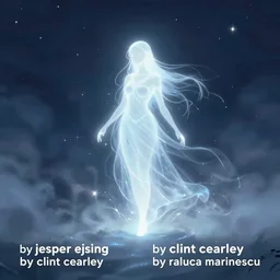 fantasy character illustration of a wispy glowing spirit rising from glowing mists on a dark blue night sky, trending on artstation, digital art ( by jesper ejsing ) ( by clint cearley ) ( by raluca marinescu )