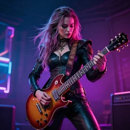 valkyrie playing guitar neon at battle ragnarok ultrarealistic