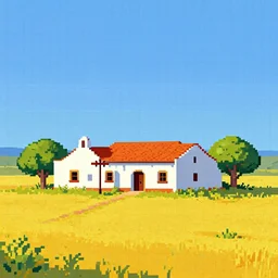 pixel art, grid, mexican hacienda on a sunny day, surrounded by plains, color painting by charles sheeler