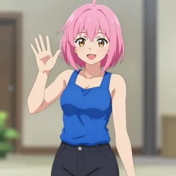anime woman with short pink hair in a bob style, light brown eyes, blue tank top, black pants, waving and smiling, anime art style