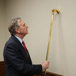 a rutgers university president looking wistfully at a golden cane mounted on the wall of his office
