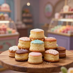 5 5 mm photo of a pile of freshly cake on a wooden table in a candy store. dof. bokeh. magical atmosphere. art by greg rutkowski. highly detailed 8 k. intricate. lifelike. soft light. nikon d 8 5 0.