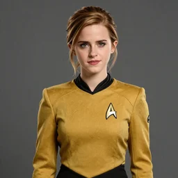 Photo of a beautiful 20yo Emma Watson wearing a Star Trek uniform in the style of Mario Testino, detailed, 82 mm sigma art