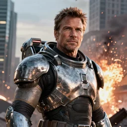 VFX movie still frame portrait closeup powerful DC vs. Marvel hero rugged space marine natural skin, hero pose, natural evening light in the city exploding skyscrapers war zone by Emmanuel Lubezki