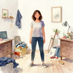 woman with adhd - ip stands in her messy house. watercolour