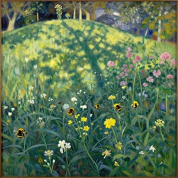 bumblebee flower garden on hills by henri rousseau masterpiece shadows and highlights mucha beksinski